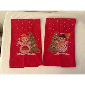 Vintage Cross Stitch Snowman Snowlady Red Tea Towels Set Of 2 Handmade Christmas